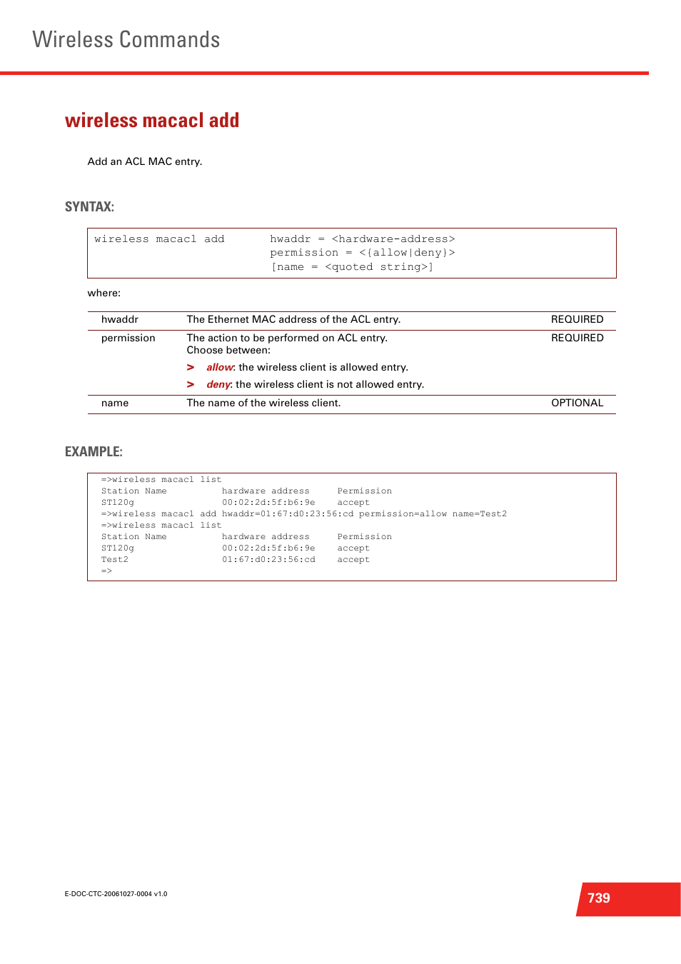 Wireless macacl add, Add an acl mac entry, Wireless commands | Syntax, Example | Technicolor - Thomson ST585 V6 User Manual | Page 763 / 834