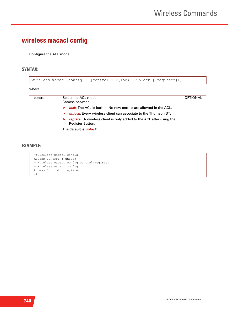 Wireless macacl config, Configure the acl mode, Wireless commands | Technicolor - Thomson ST585 V6 User Manual | Page 764 / 834