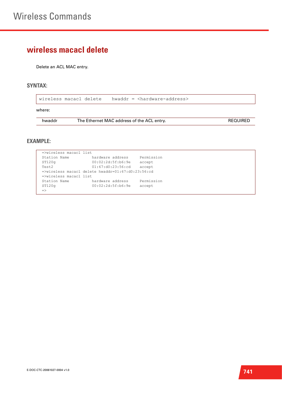 Wireless macacl delete, Delete an acl mac entry, Wireless commands | Syntax, Example | Technicolor - Thomson ST585 V6 User Manual | Page 765 / 834