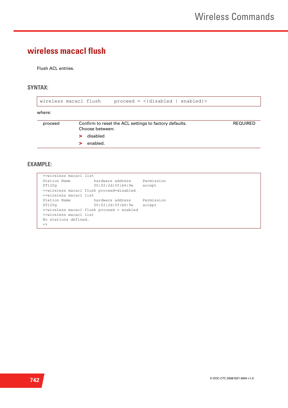 Wireless macacl flush, Flush acl entries, Wireless commands | Syntax, Example | Technicolor - Thomson ST585 V6 User Manual | Page 766 / 834