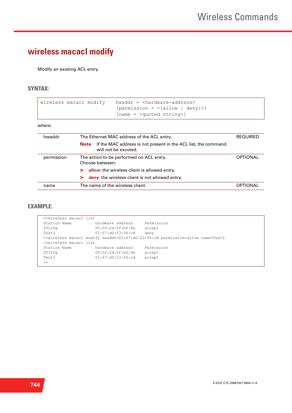 Wireless macacl modify, Modify an existing acl entry, Wireless commands | Syntax, Example | Technicolor - Thomson ST585 V6 User Manual | Page 768 / 834