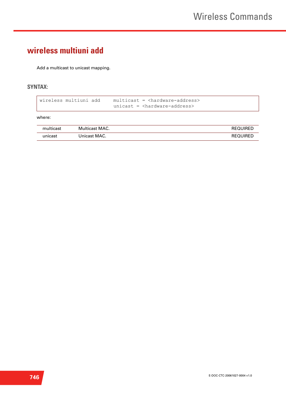 Wireless multiuni add, Add a multicast to unicast mapping, Wireless commands | Technicolor - Thomson ST585 V6 User Manual | Page 770 / 834