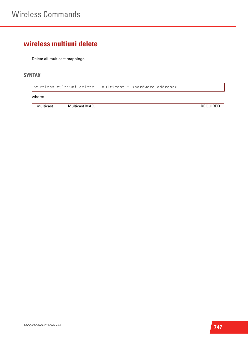 Wireless multiuni delete, Delete all multicast mappings, Wireless commands | Technicolor - Thomson ST585 V6 User Manual | Page 771 / 834