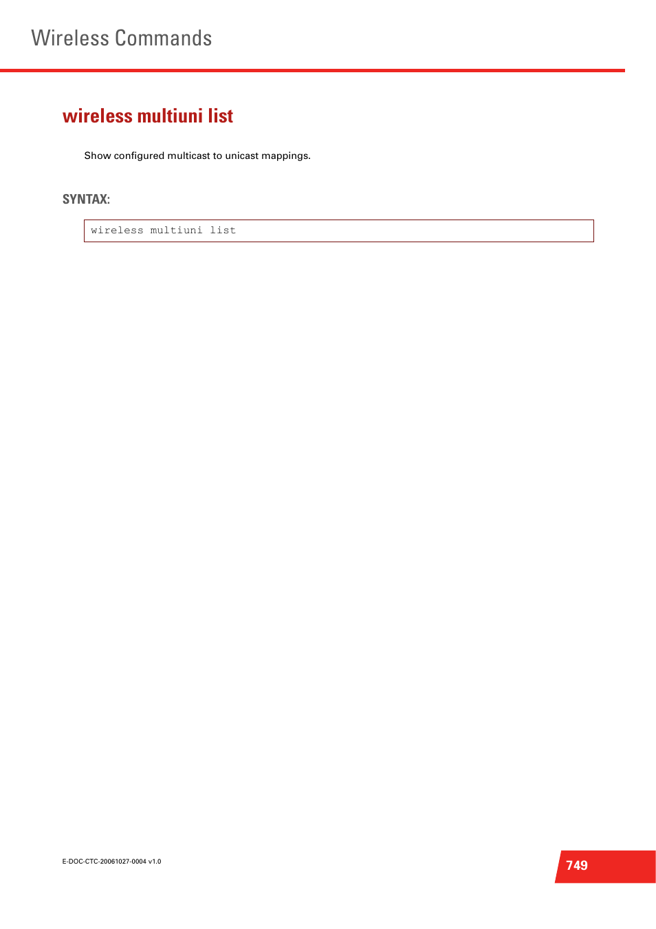 Wireless multiuni list, Show configured multicast to unicast mappings, Wireless commands | Technicolor - Thomson ST585 V6 User Manual | Page 773 / 834