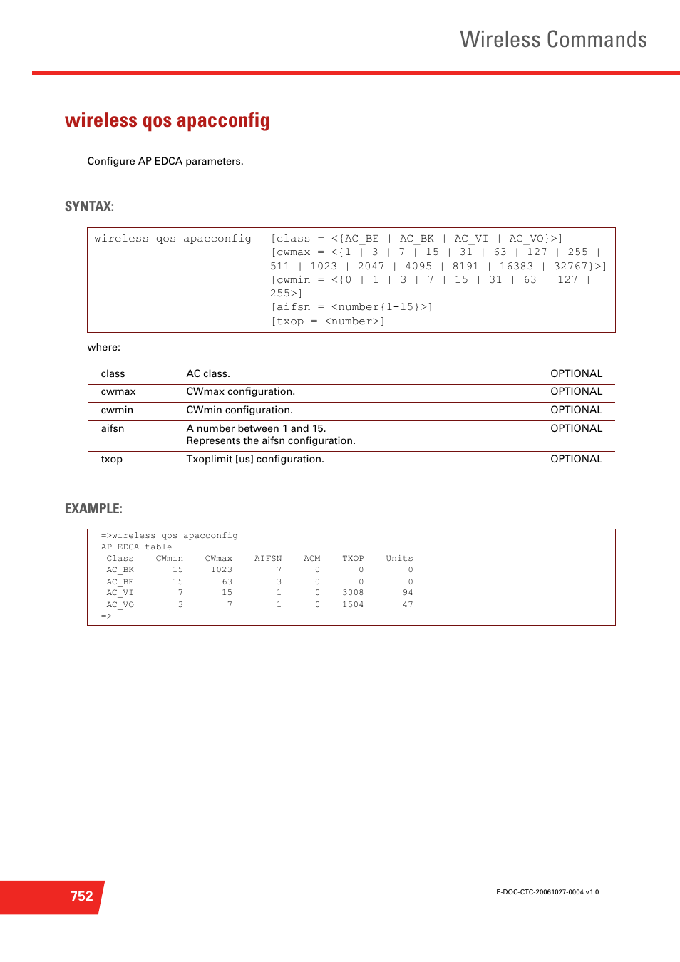 Wireless qos apacconfig, Configure ap edca parameters, Wireless commands | Syntax, Example | Technicolor - Thomson ST585 V6 User Manual | Page 776 / 834