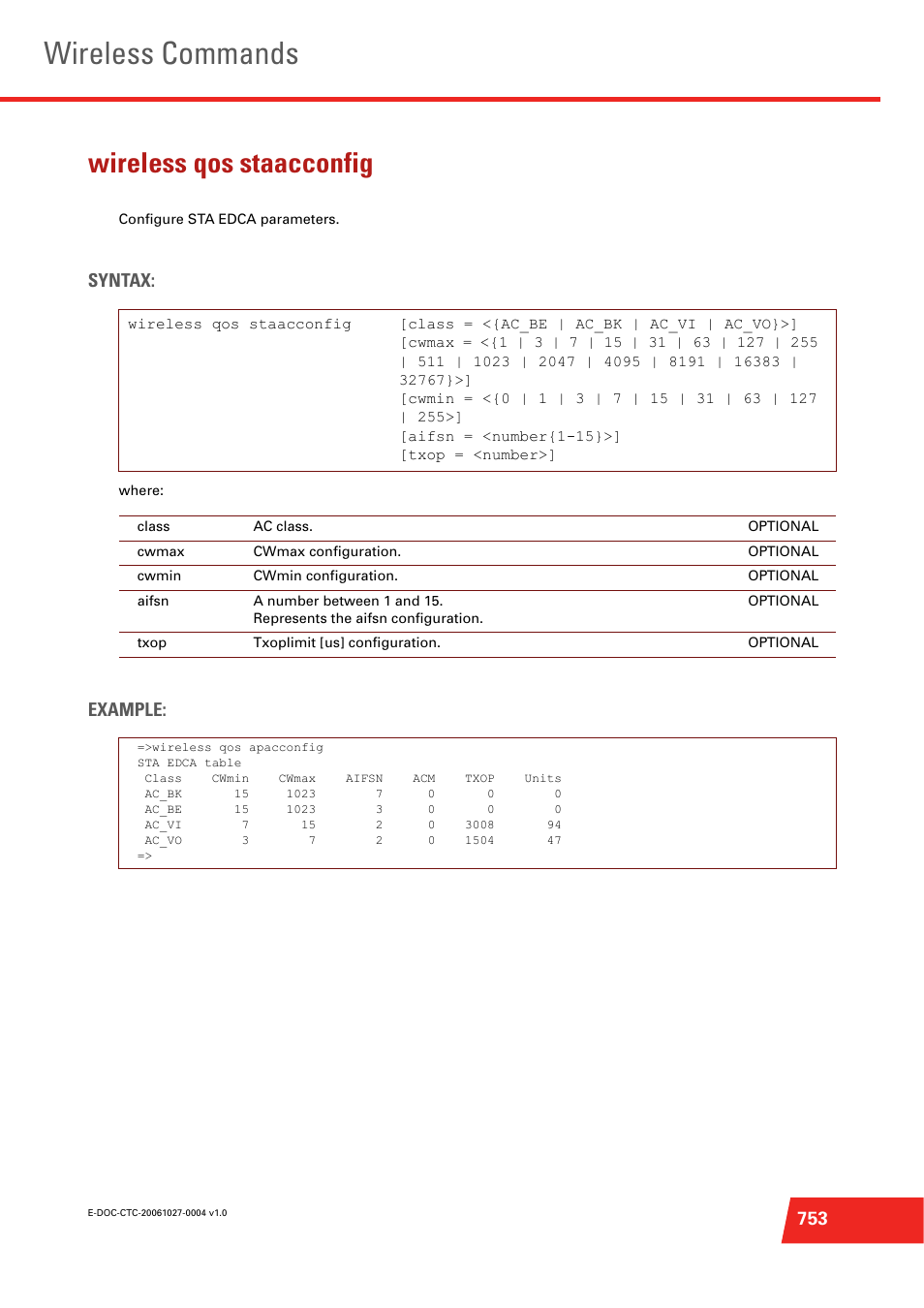 Wireless qos staacconfig, Configure sta edca parameters, Wireless commands | Syntax, Example | Technicolor - Thomson ST585 V6 User Manual | Page 777 / 834