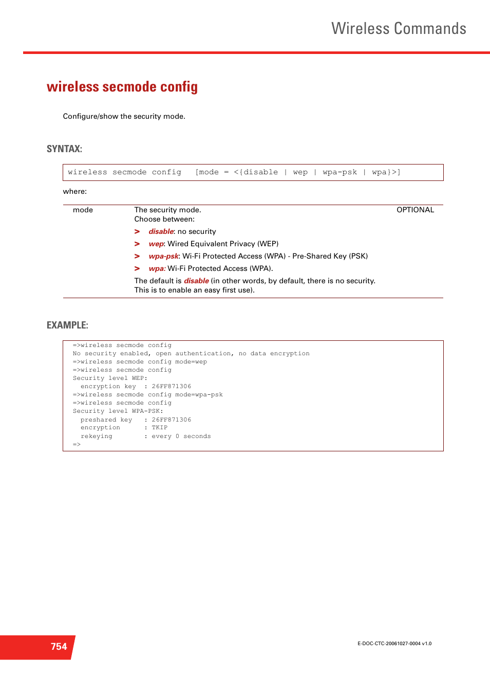 Wireless secmode config, Configure/show the security mode, Wireless commands | Syntax, Example | Technicolor - Thomson ST585 V6 User Manual | Page 778 / 834