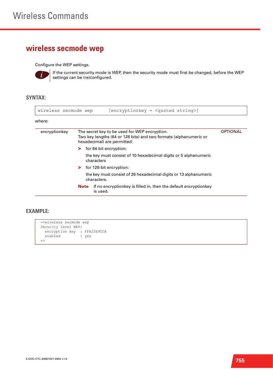 Wireless secmode wep, Configure the wep settings, Wireless commands | Technicolor - Thomson ST585 V6 User Manual | Page 779 / 834