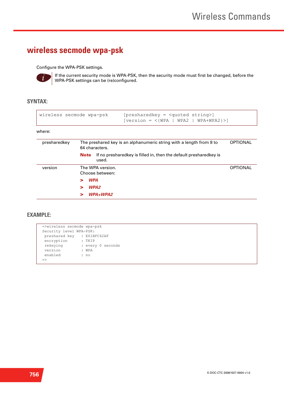 Wireless secmode wpa-psk, Configure the wpa-psk settings, Wireless commands | Syntax, Example | Technicolor - Thomson ST585 V6 User Manual | Page 780 / 834