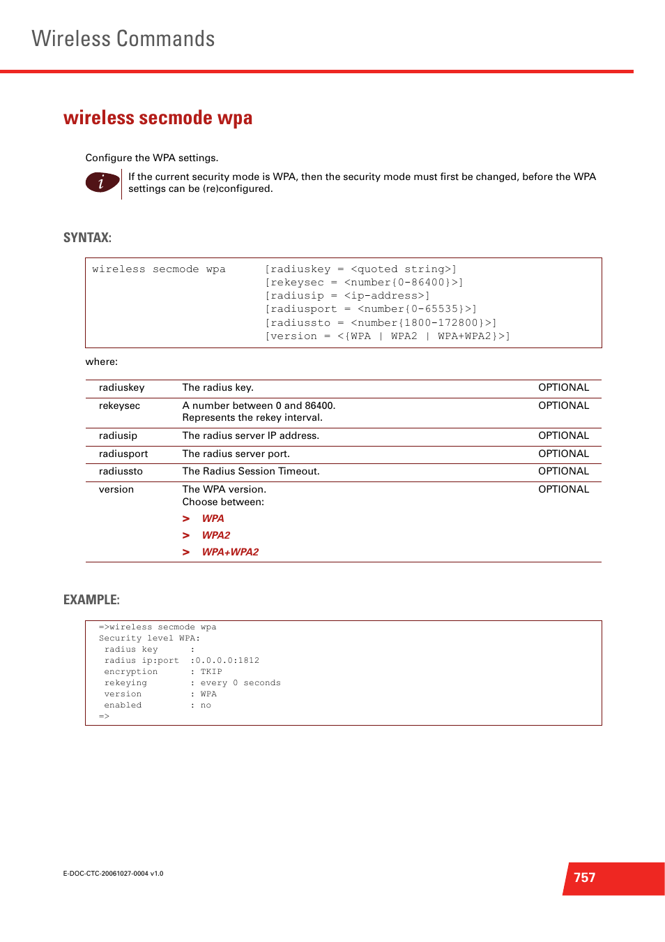 Wireless secmode wpa, Configure the wpa settings, Wireless commands | Syntax, Example | Technicolor - Thomson ST585 V6 User Manual | Page 781 / 834