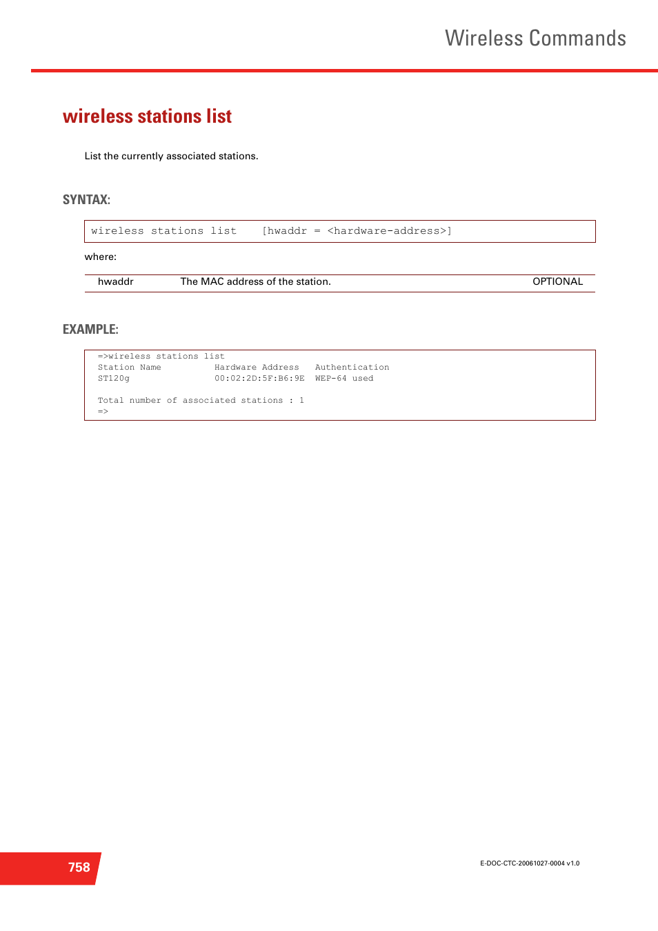 Wireless stations list, List the currently associated stations, Wireless commands | Syntax, Example | Technicolor - Thomson ST585 V6 User Manual | Page 782 / 834