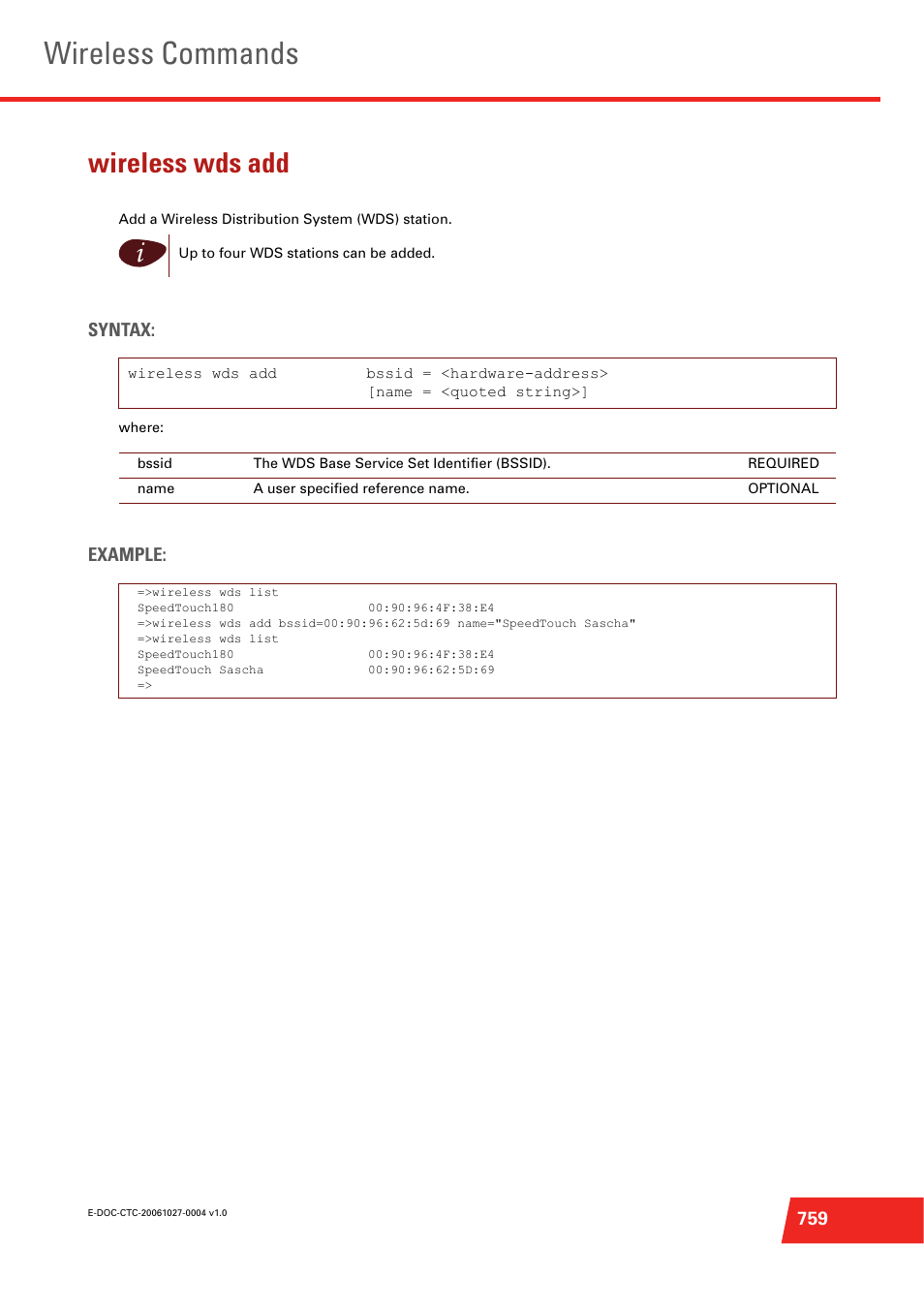 Wireless wds add, Add a wireless distribution system (wds) station, Wireless commands | Technicolor - Thomson ST585 V6 User Manual | Page 783 / 834