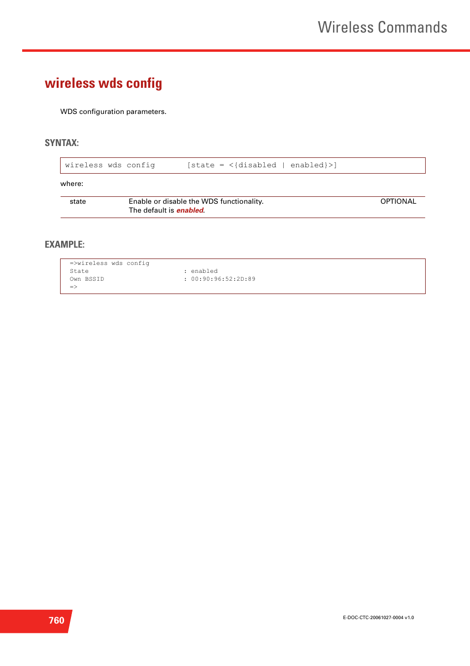 Wireless wds config, Wds configuration parameters, Wireless commands | Technicolor - Thomson ST585 V6 User Manual | Page 784 / 834