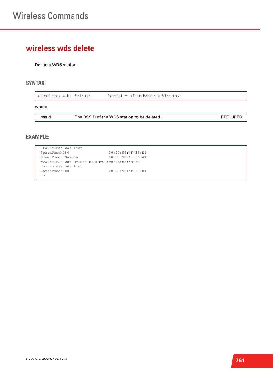 Wireless wds delete, Delete a wds station, Wireless commands | Syntax, Example | Technicolor - Thomson ST585 V6 User Manual | Page 785 / 834