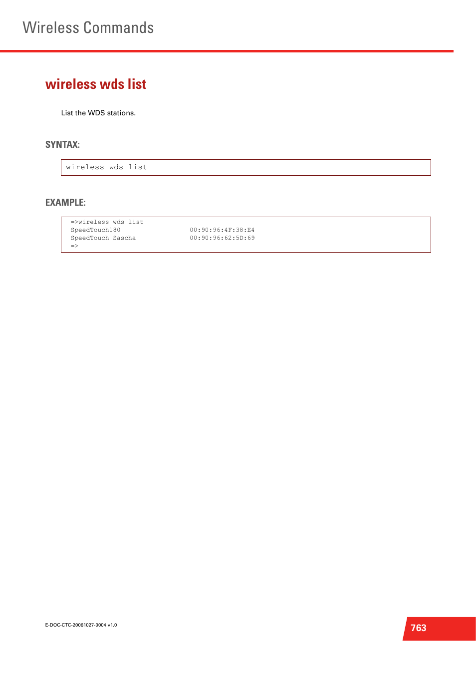 Wireless wds list, List the wds stations, Wireless commands | Technicolor - Thomson ST585 V6 User Manual | Page 787 / 834