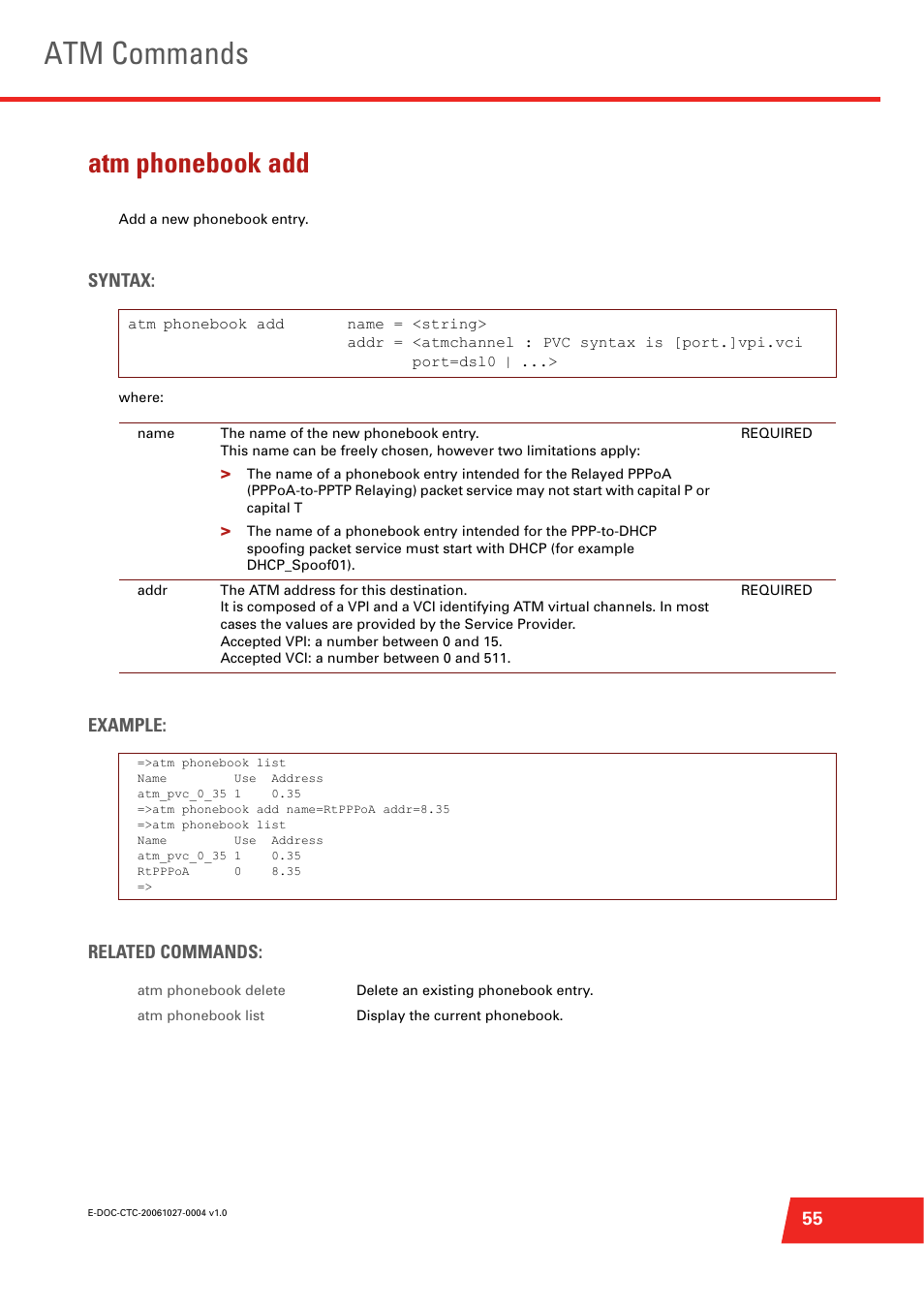 Atm phonebook add, Atm commands, Syntax | Example: related commands | Technicolor - Thomson ST585 V6 User Manual | Page 79 / 834