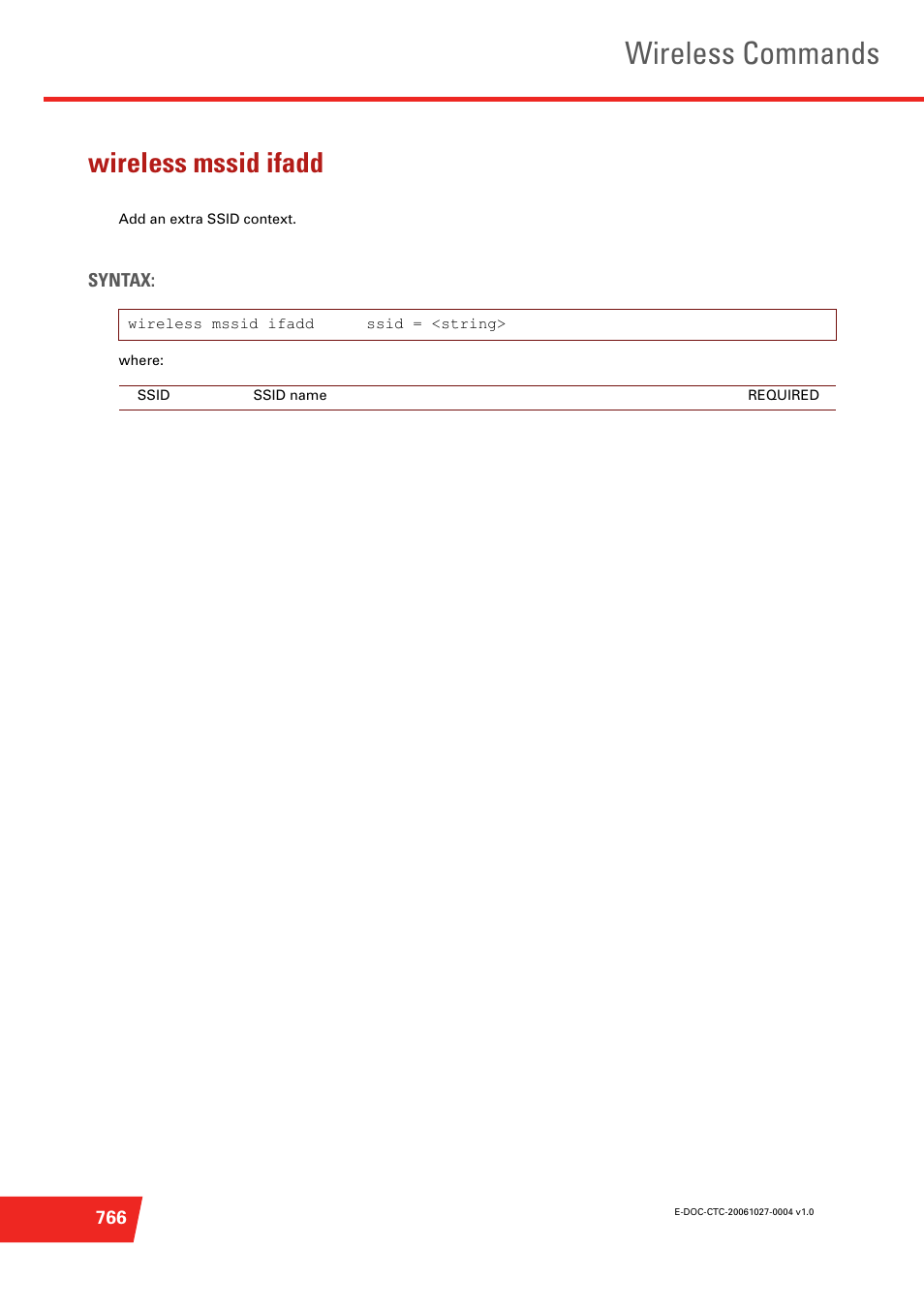 Wireless mssid ifadd, Add an extra ssid context, Wireless commands | Technicolor - Thomson ST585 V6 User Manual | Page 790 / 834