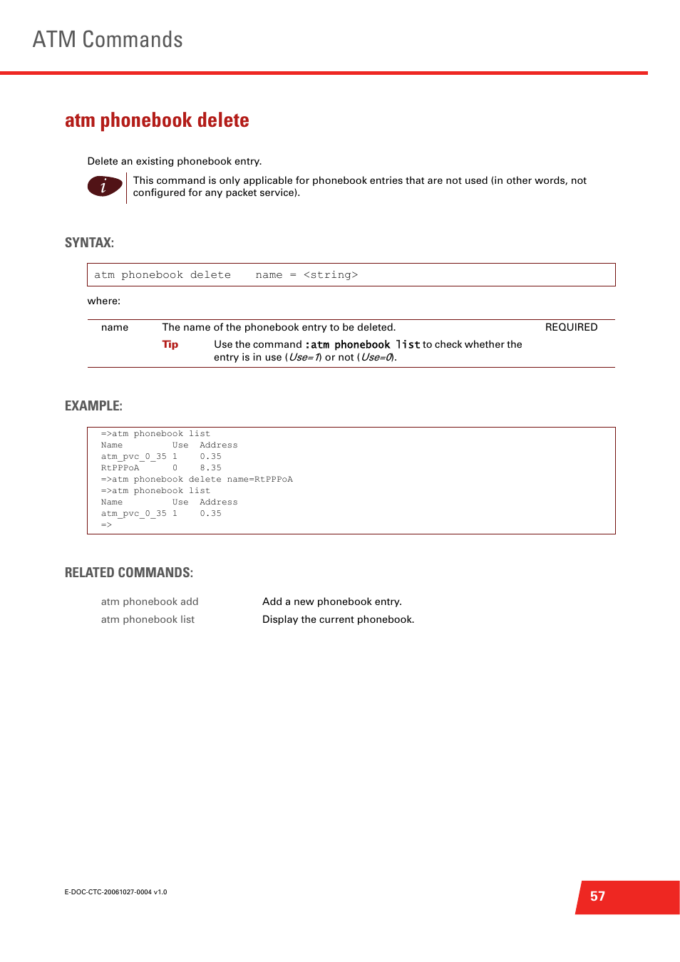 Atm phonebook delete, Atm commands, Syntax | Example: related commands | Technicolor - Thomson ST585 V6 User Manual | Page 81 / 834