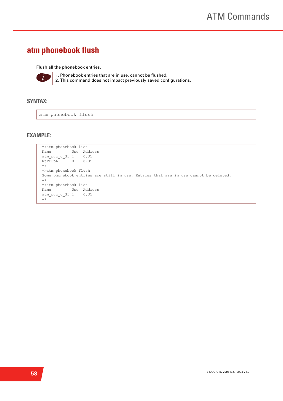 Atm phonebook flush, Atm commands, Syntax: example | Technicolor - Thomson ST585 V6 User Manual | Page 82 / 834