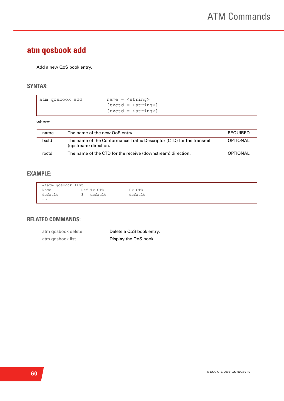 Atm qosbook add, Atm commands, Syntax | Example: related commands | Technicolor - Thomson ST585 V6 User Manual | Page 84 / 834