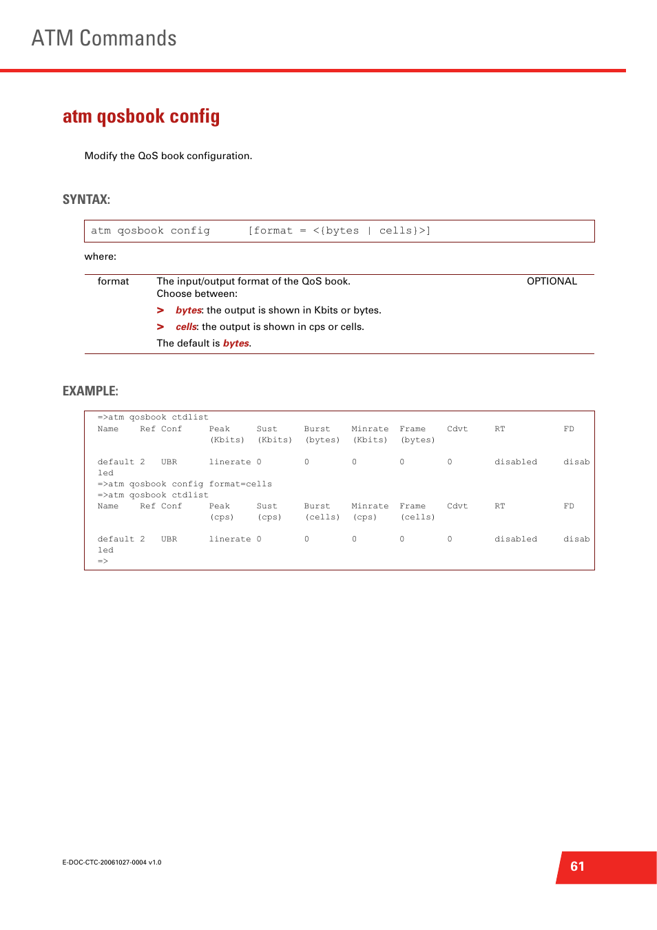 Atm qosbook config, Atm commands, Syntax | Example | Technicolor - Thomson ST585 V6 User Manual | Page 85 / 834