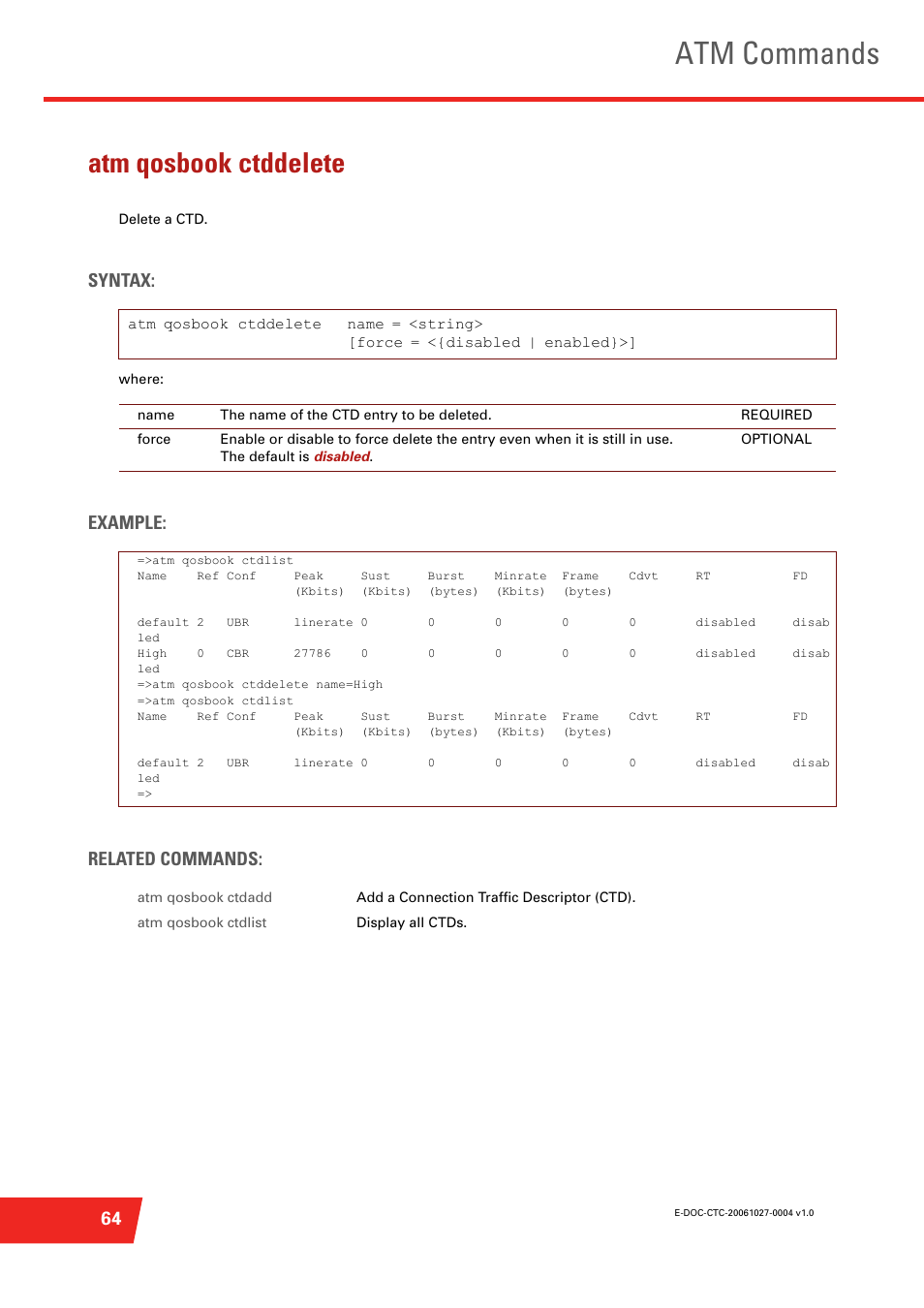 Atm qosbook ctddelete, Atm commands, Syntax | Example: related commands | Technicolor - Thomson ST585 V6 User Manual | Page 88 / 834