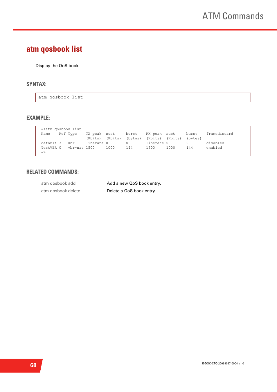 Atm qosbook list, Atm commands, Syntax: example: related commands | Technicolor - Thomson ST585 V6 User Manual | Page 92 / 834