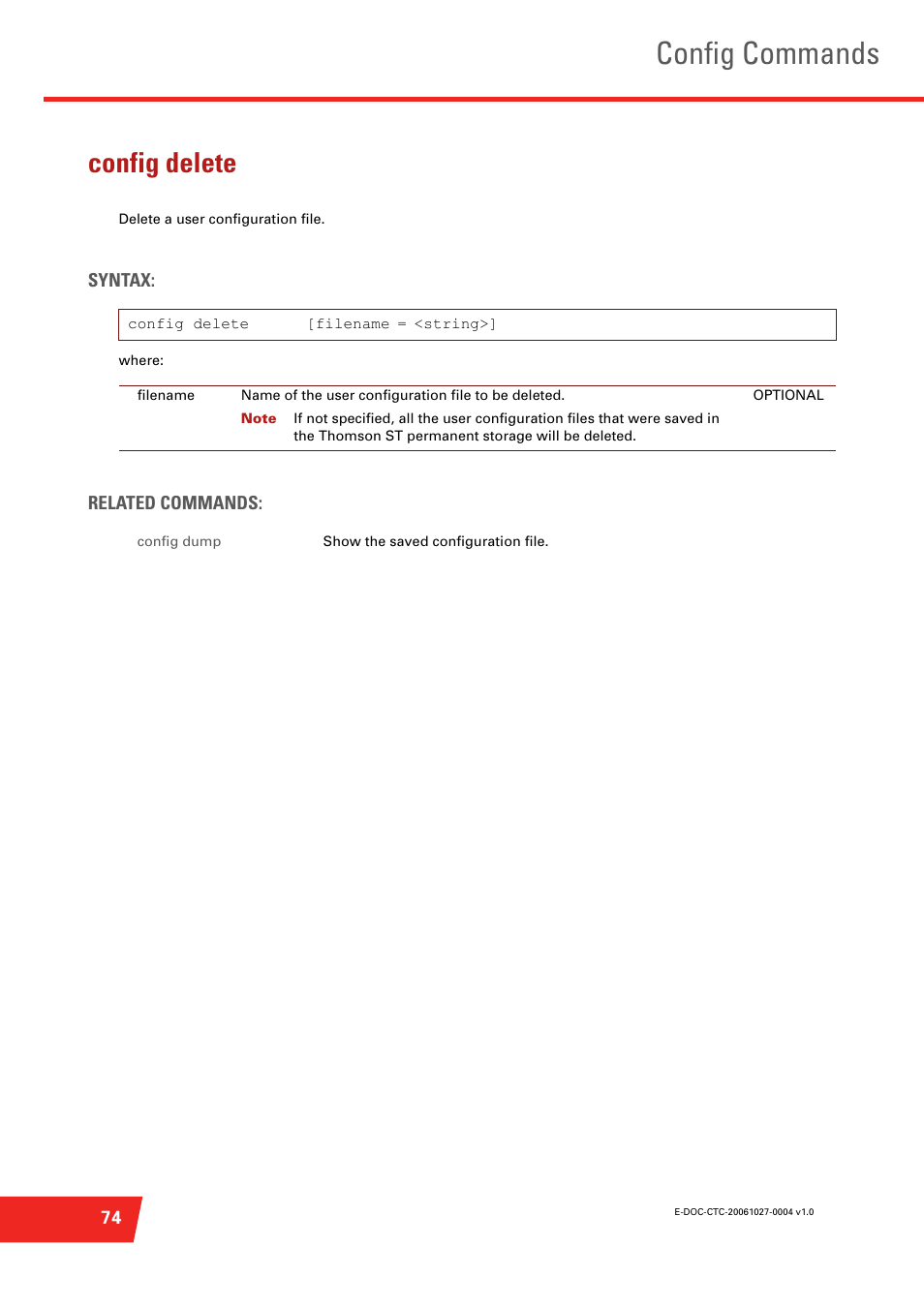 Config delete, Config commands | Technicolor - Thomson ST585 V6 User Manual | Page 98 / 834