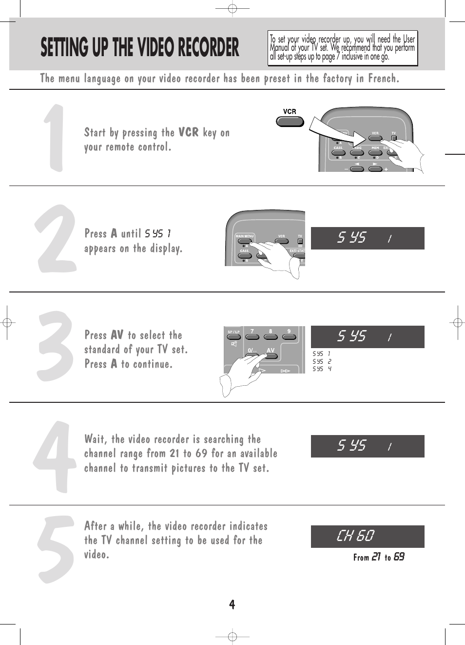 Setting up the video recorder | Technicolor - Thomson VP4850F User Manual | Page 5 / 14