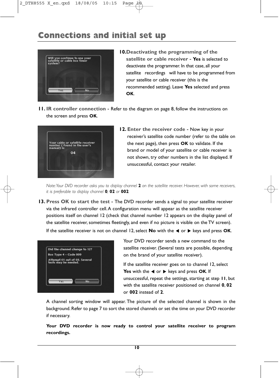 Connections and initial set up | Technicolor - Thomson DTH8555 X User Manual | Page 10 / 75