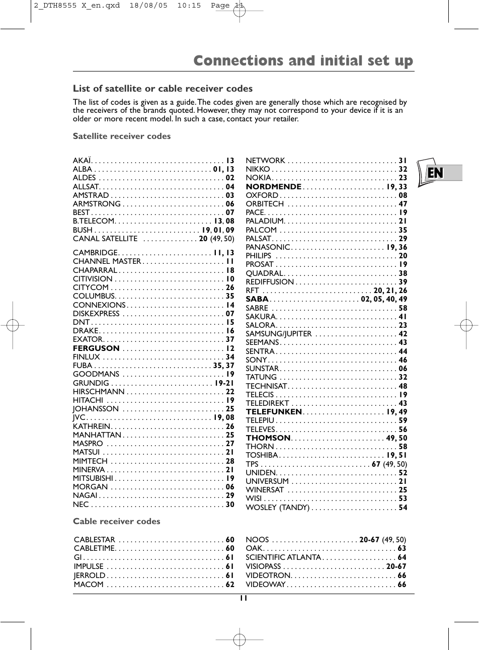 En connections and initial set up | Technicolor - Thomson DTH8555 X User Manual | Page 11 / 75