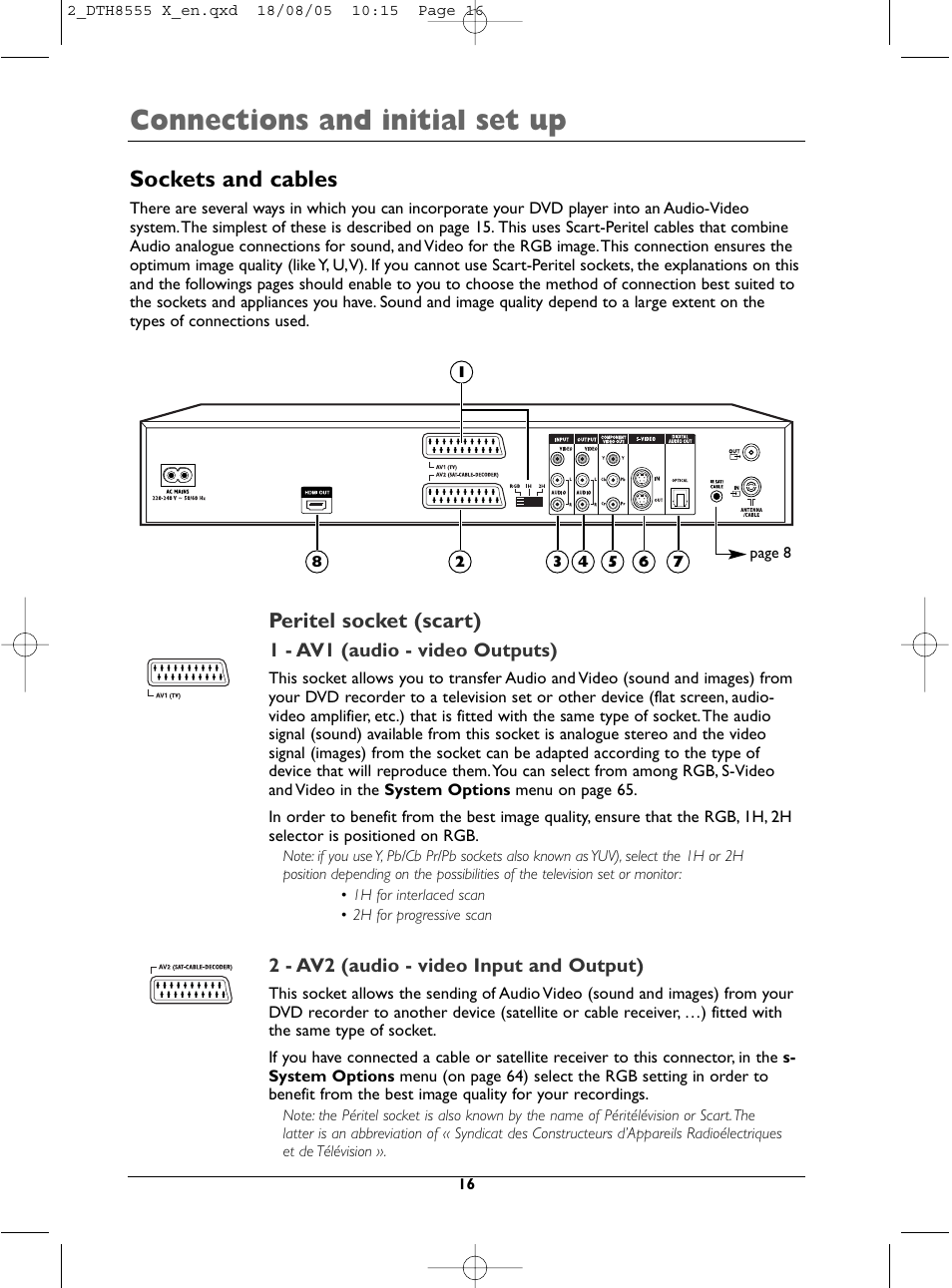Connections and initial set up, Sockets and cables, Peritel socket (scart) | Technicolor - Thomson DTH8555 X User Manual | Page 16 / 75
