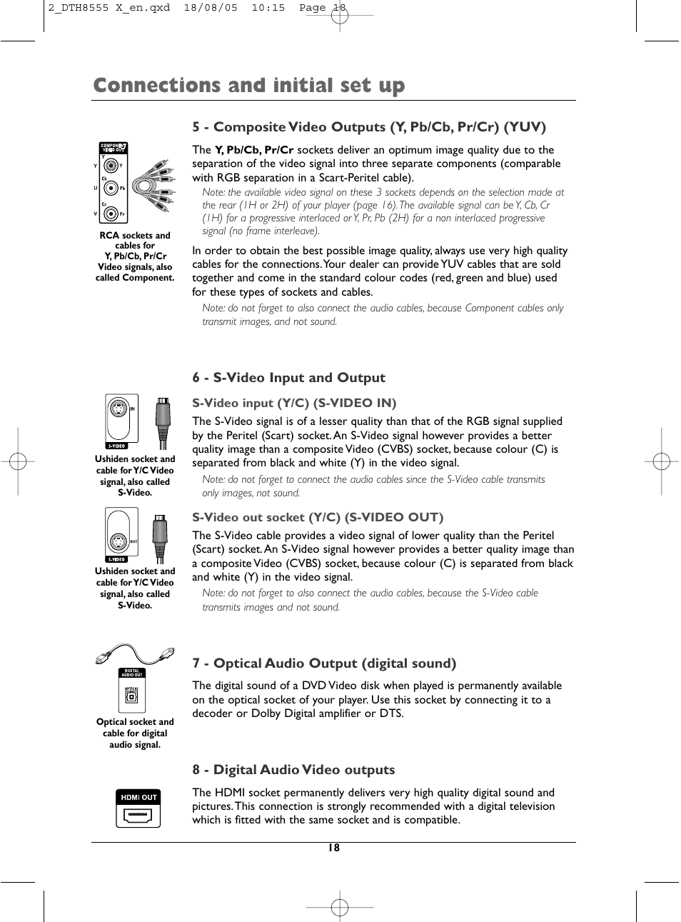 Connections and initial set up, 6 - s-video input and output, 7 - optical audio output (digital sound) | 8 - digital audio video outputs | Technicolor - Thomson DTH8555 X User Manual | Page 18 / 75
