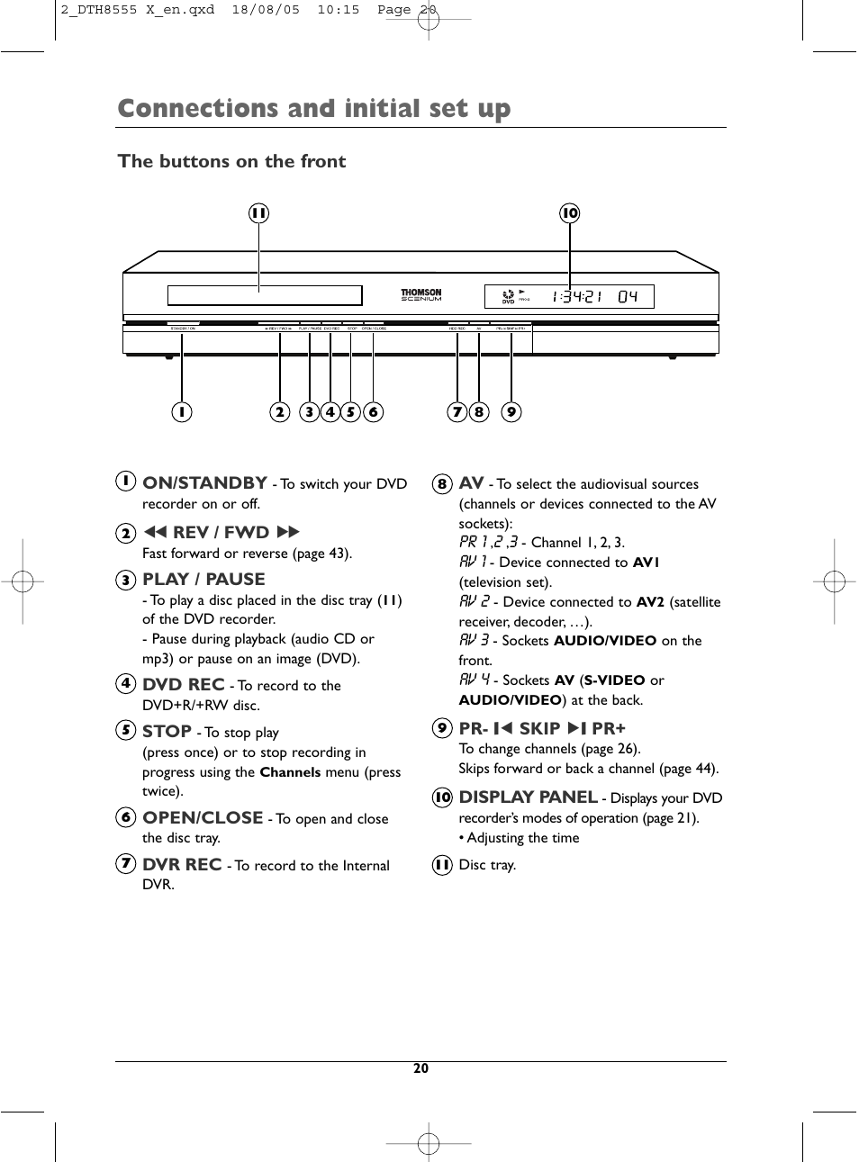 Connections and initial set up, The buttons on the front | Technicolor - Thomson DTH8555 X User Manual | Page 20 / 75