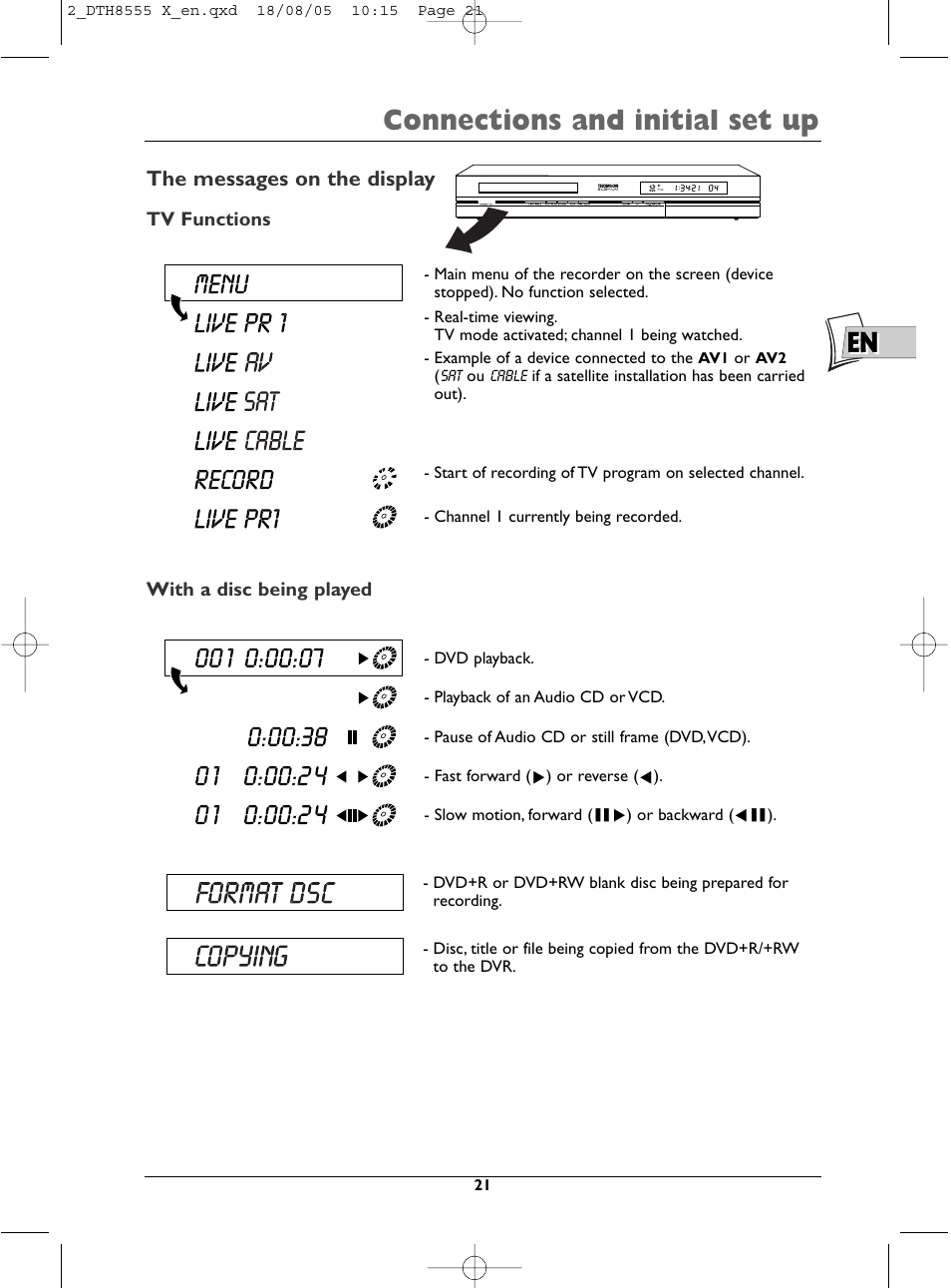 Connections and initial set up, The messages on the display | Technicolor - Thomson DTH8555 X User Manual | Page 21 / 75
