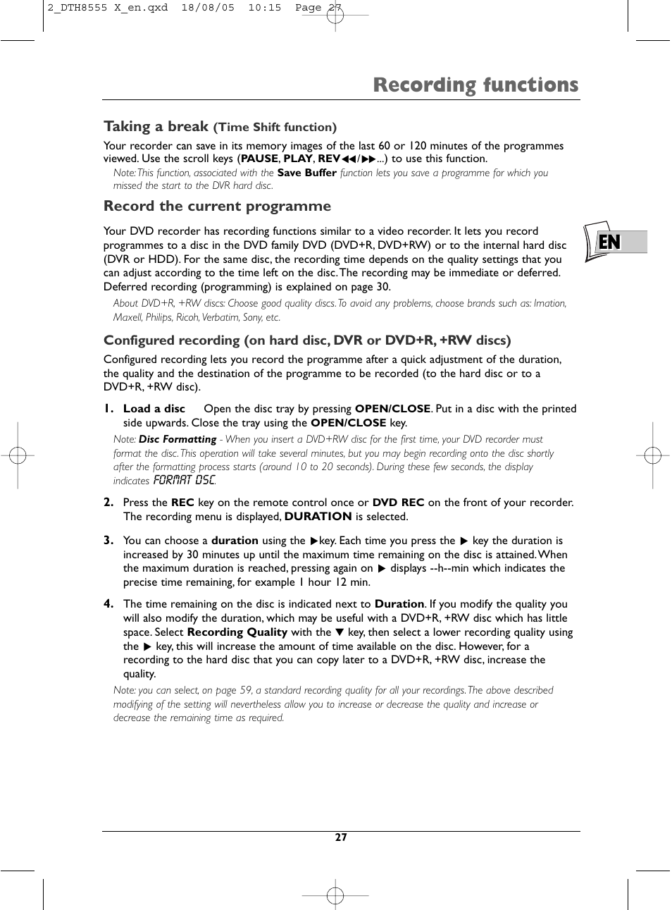 Recording functions, Taking a break, Record the current programme | Technicolor - Thomson DTH8555 X User Manual | Page 27 / 75