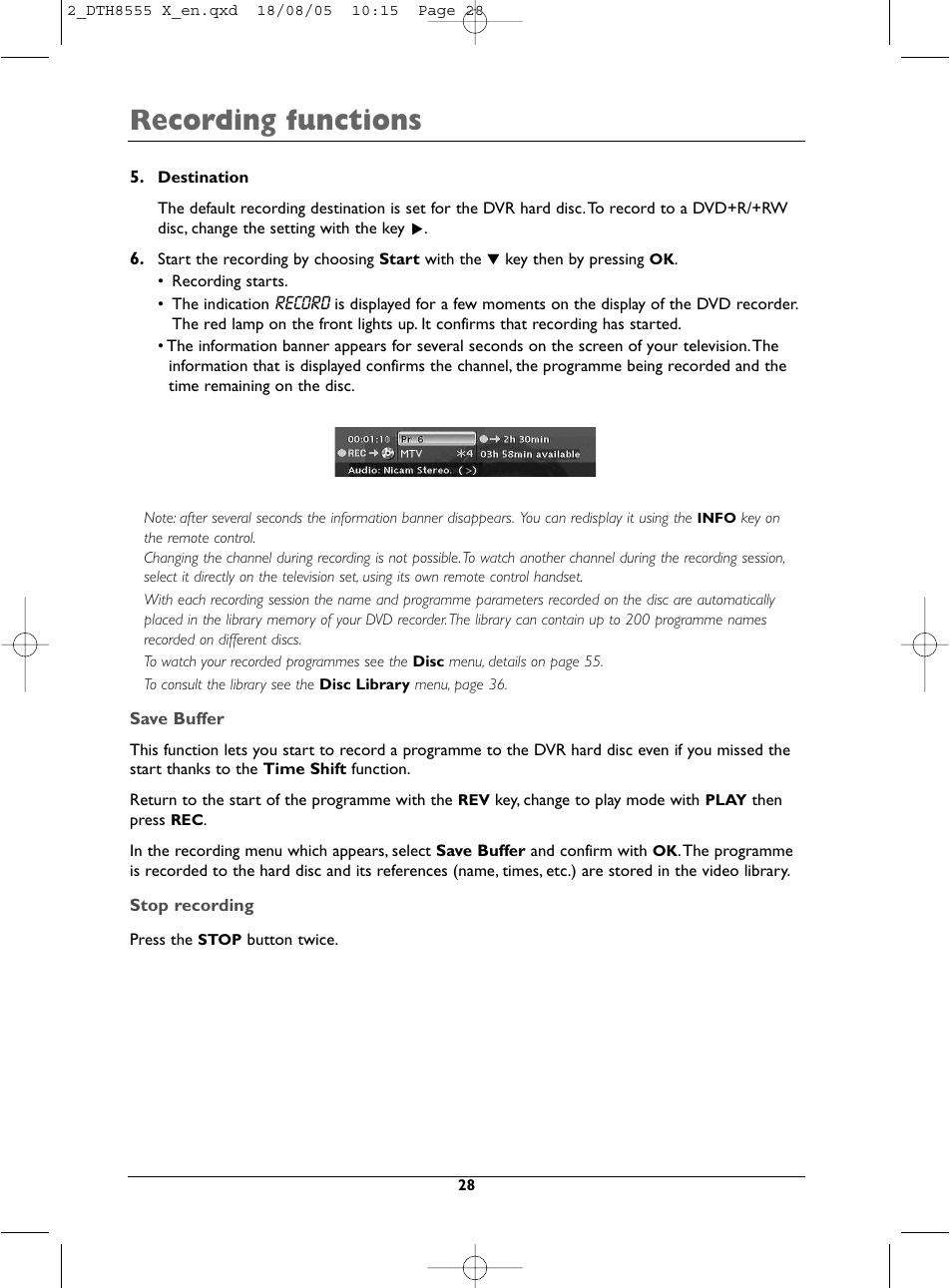 Recording functions | Technicolor - Thomson DTH8555 X User Manual | Page 28 / 75