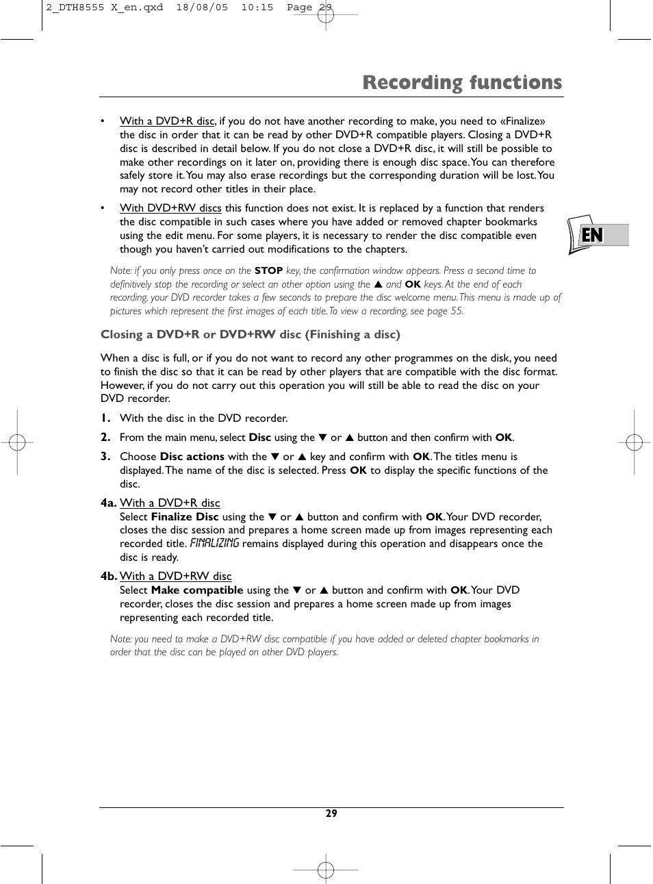 Recording functions | Technicolor - Thomson DTH8555 X User Manual | Page 29 / 75