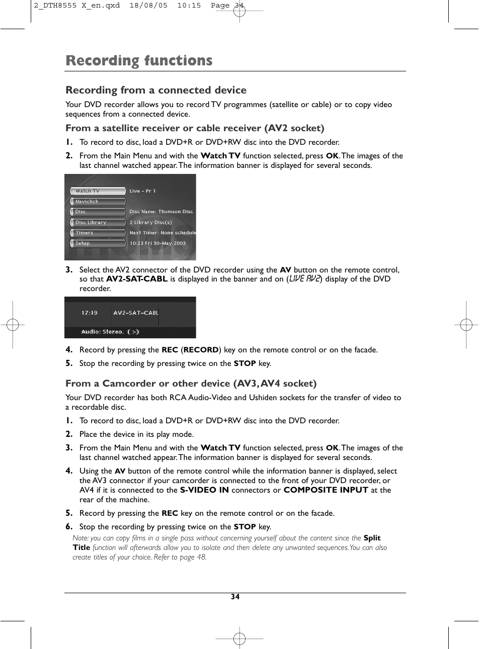 Recording functions, Recording from a connected device | Technicolor - Thomson DTH8555 X User Manual | Page 34 / 75