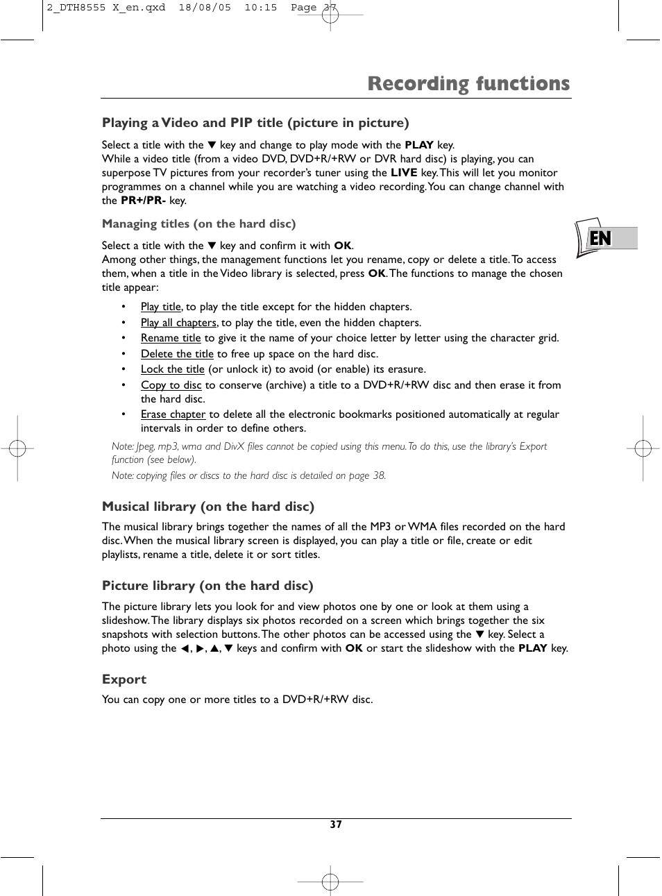 Recording functions | Technicolor - Thomson DTH8555 X User Manual | Page 37 / 75