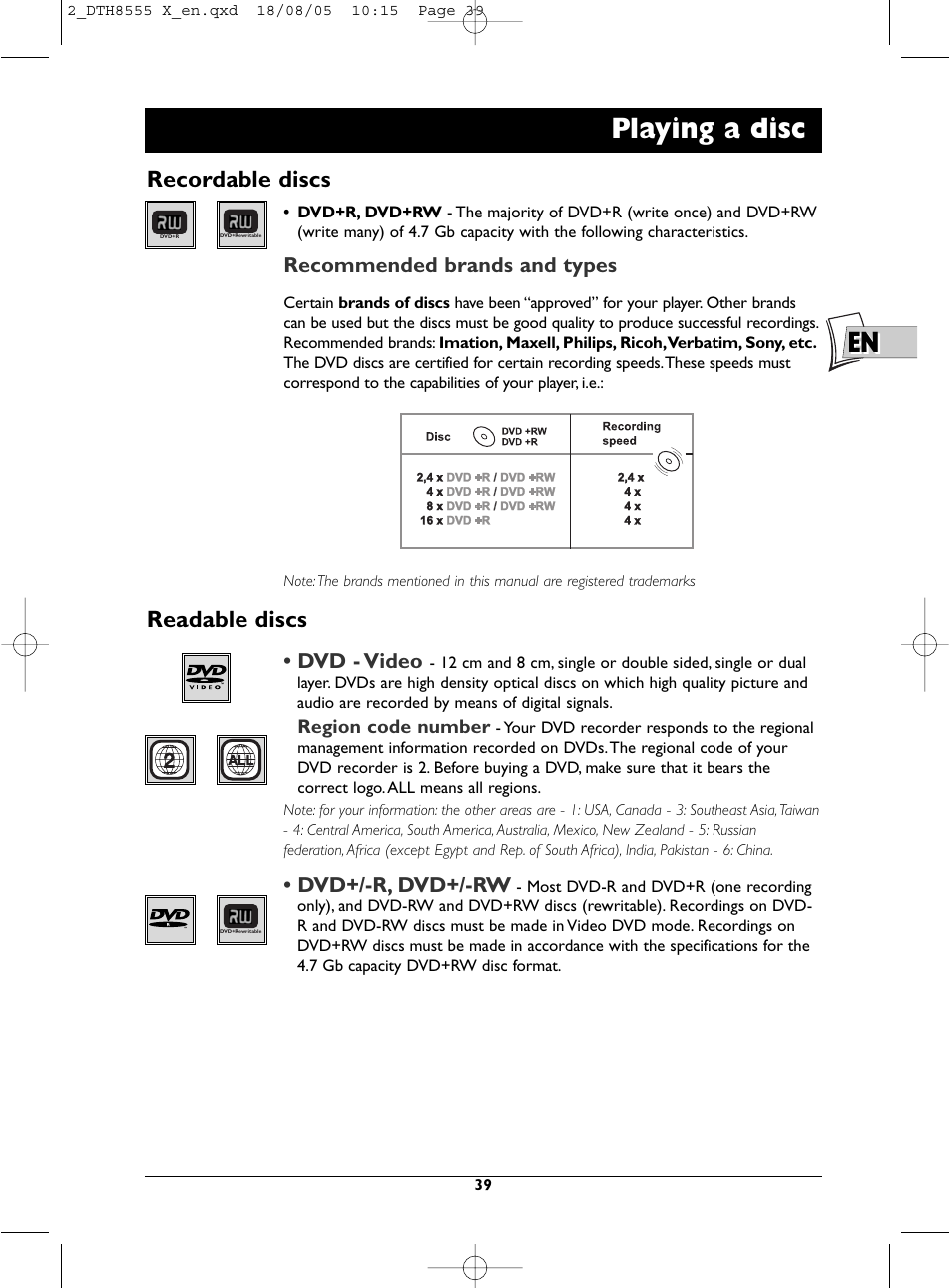 En playing a disc, Recordable discs, Readable discs | Recommended brands and types, Dvd - video, Dvd+/-r, dvd+/-rw | Technicolor - Thomson DTH8555 X User Manual | Page 39 / 75