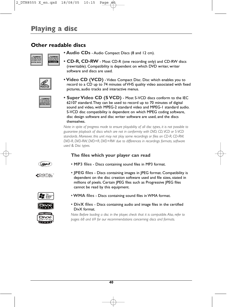 Playing a disc, Other readable discs | Technicolor - Thomson DTH8555 X User Manual | Page 40 / 75