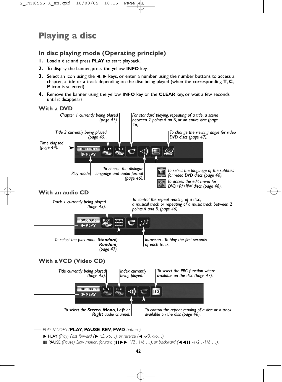 Playing a disc | Technicolor - Thomson DTH8555 X User Manual | Page 42 / 75