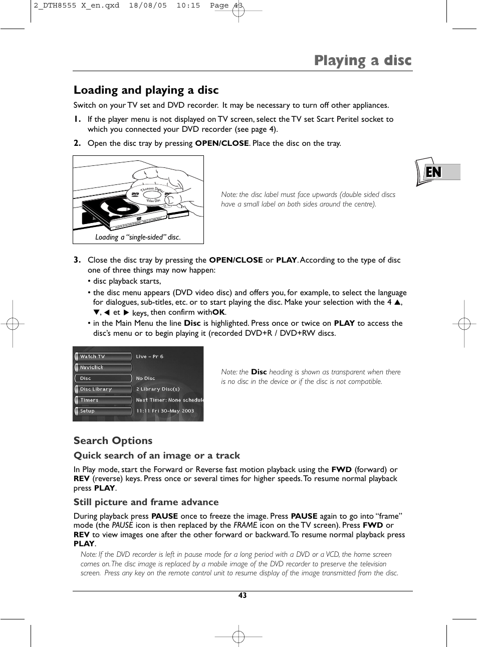 En playing a disc, Loading and playing a disc, Search options | Technicolor - Thomson DTH8555 X User Manual | Page 43 / 75