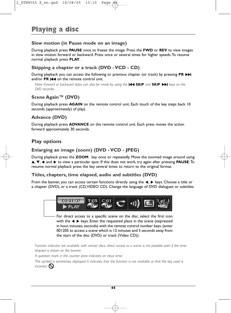 Playing a disc, Play options | Technicolor - Thomson DTH8555 X User Manual | Page 44 / 75