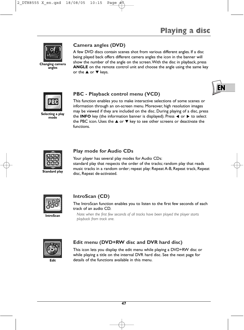 En playing a disc | Technicolor - Thomson DTH8555 X User Manual | Page 47 / 75