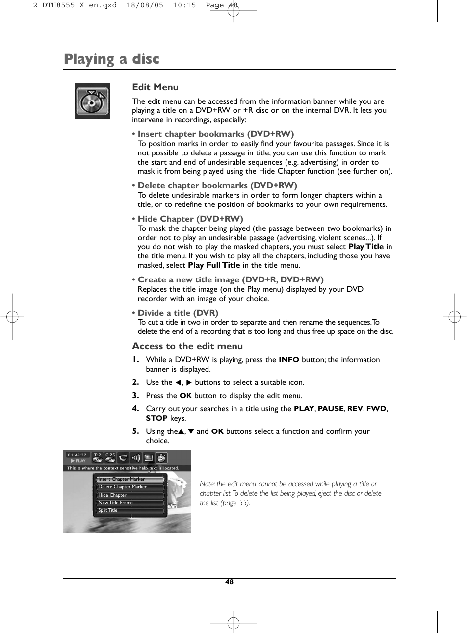 Playing a disc | Technicolor - Thomson DTH8555 X User Manual | Page 48 / 75