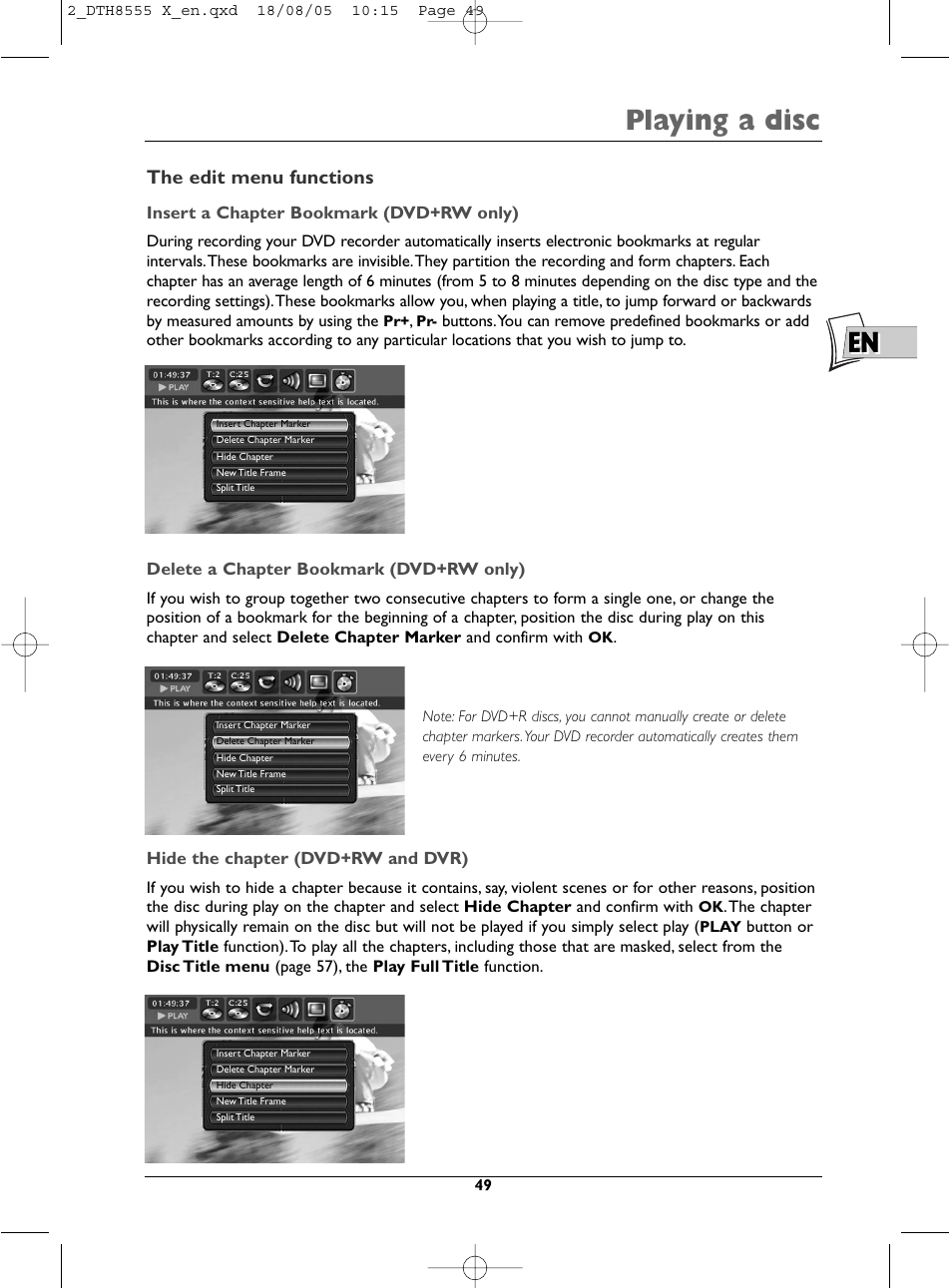 En playing a disc, The edit menu functions | Technicolor - Thomson DTH8555 X User Manual | Page 49 / 75