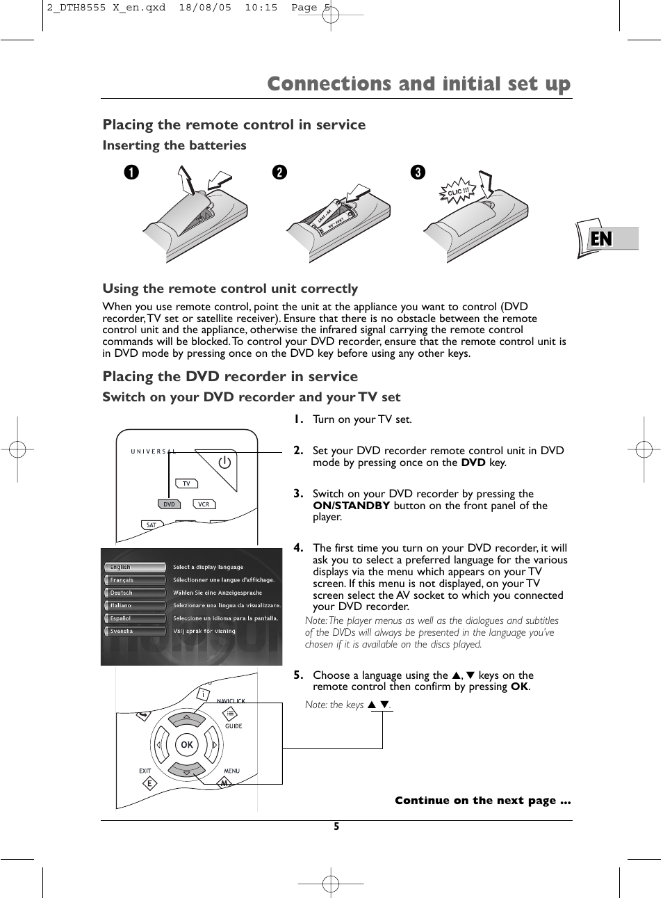 En connections and initial set up | Technicolor - Thomson DTH8555 X User Manual | Page 5 / 75