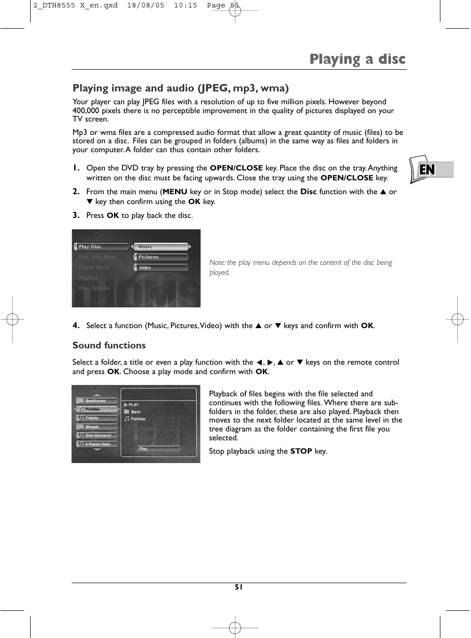 En playing a disc, Playing image and audio (jpeg, mp3, wma) | Technicolor - Thomson DTH8555 X User Manual | Page 51 / 75